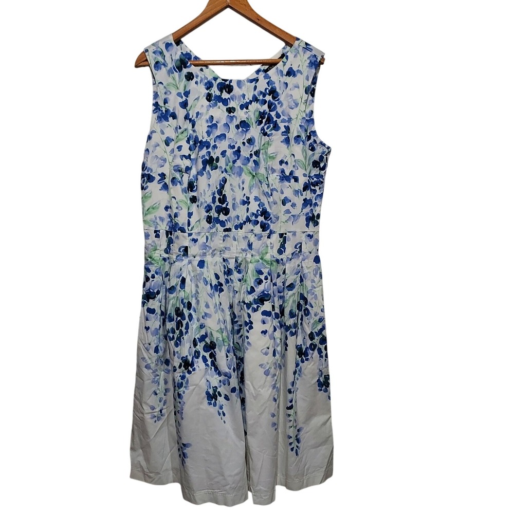 Chadwicks Blue Floral Sleeveless Farm Cottage Pleated Dress 14T Tall Pockets